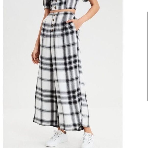 American Eagle Plaid Button Front Wide Leg Pant White Black XXL NEW - Picture 1 of 12